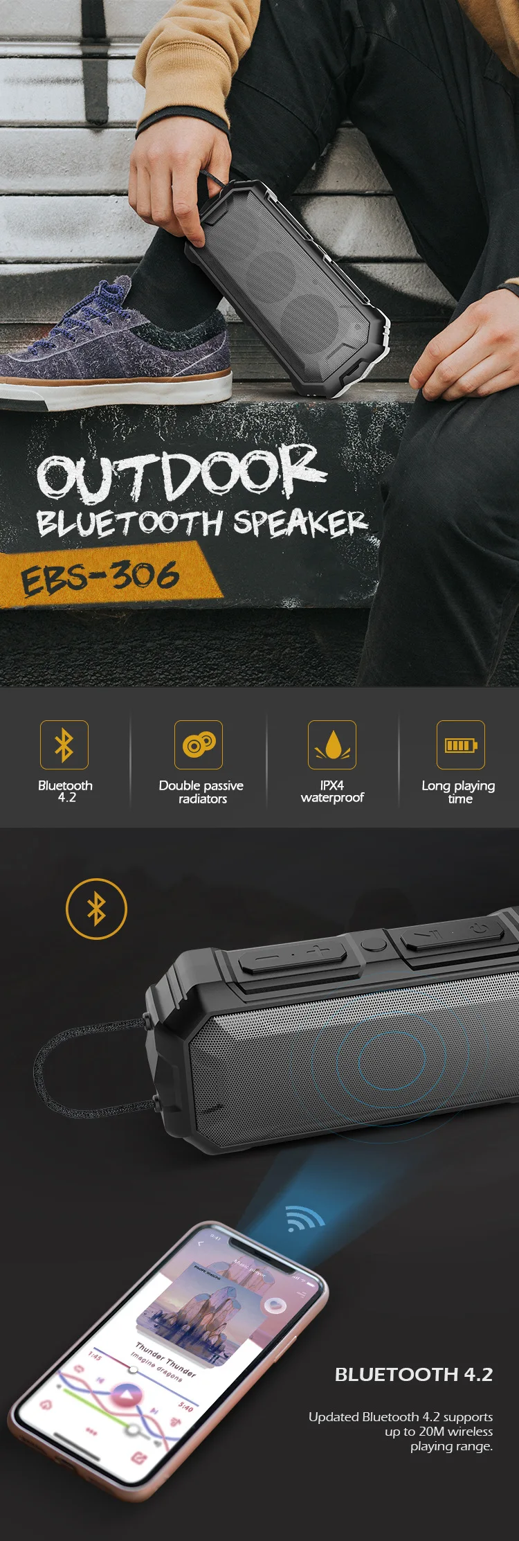 Subwoofer Bluetooth Loudspeaker Column Stereo Outdoor Portable Wireless EBS-306
