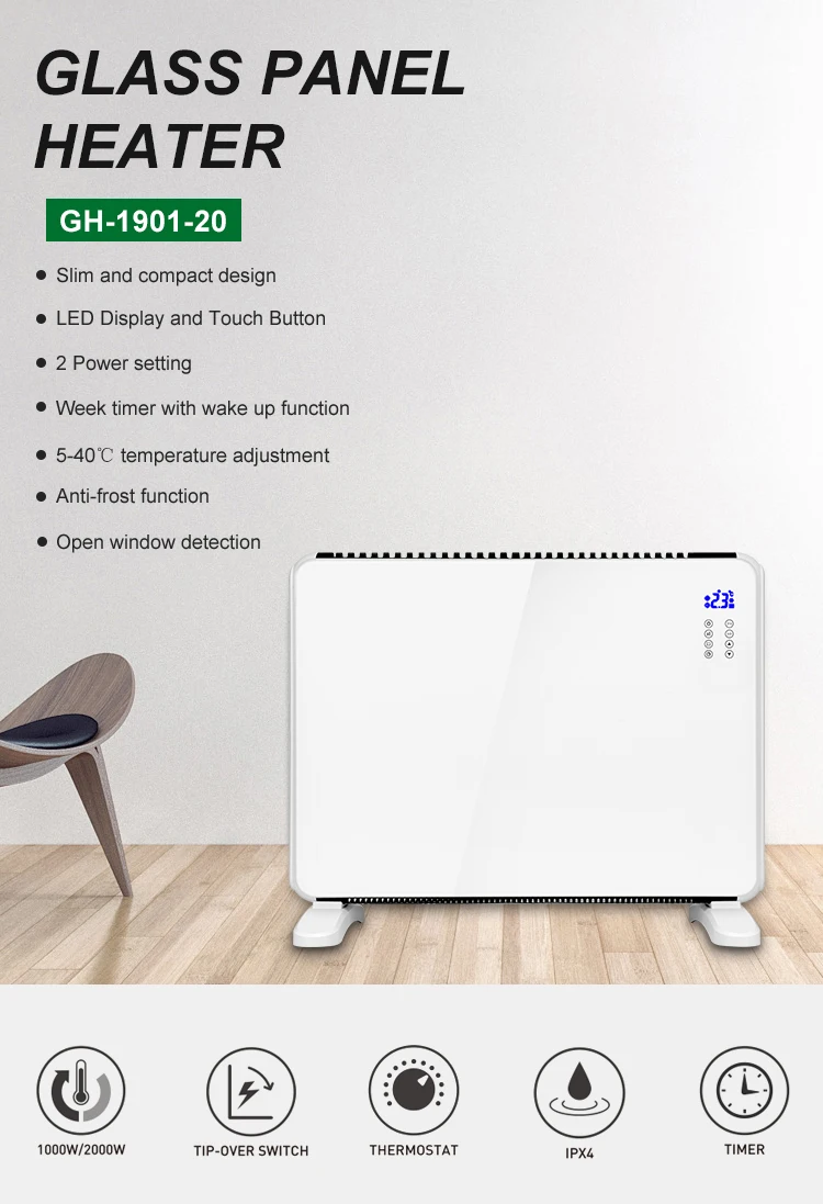 High Quality Household Freestanding Wall Mounted Convector Electric Heater Glass Panel Heater 2000w