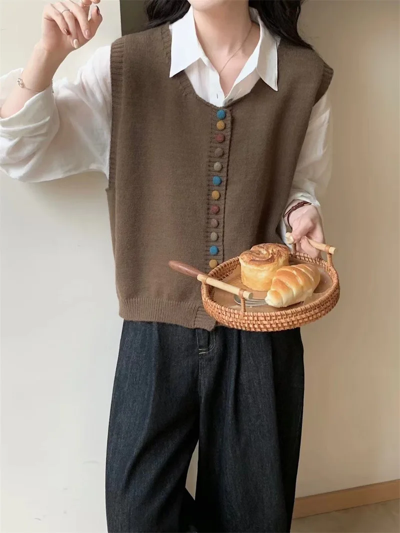 Colorful Button Knitted Casual Eco-Friendly Vest for Women Artistic Retro Soft Neck Layered Cardigan Outerwear