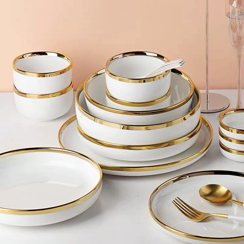 Qianyue HoReCa Gold Rim Dinnerware Set Ceramic Nordic Porcelain Flat Dinner Plates for Wedding Restaurant manufacture