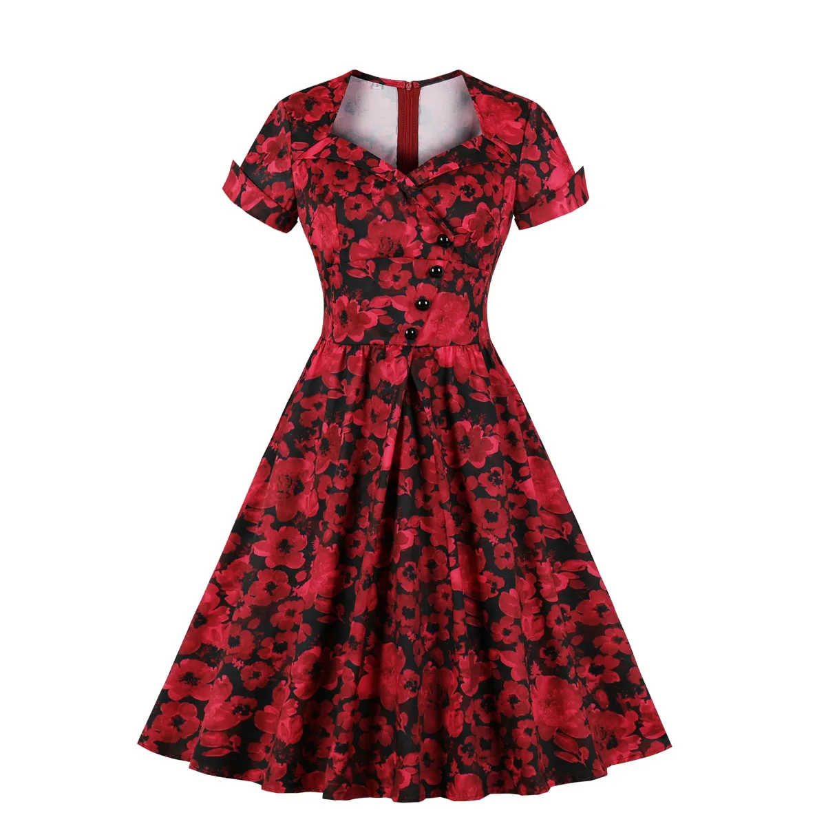 V-neck Printing Flowers Buttons Short Sleeves Woman Vintage Dress2073 ...