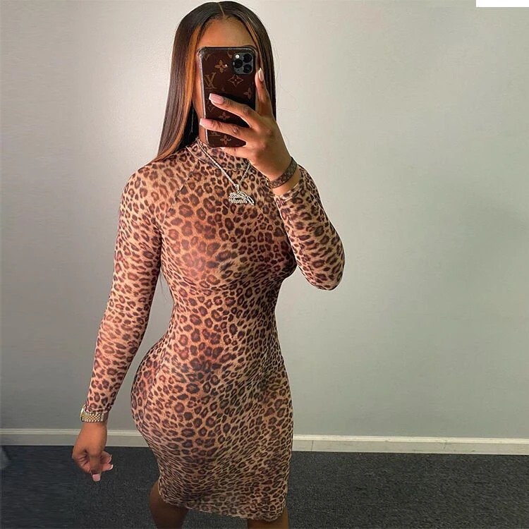 Latest Design leopard Bodycon Sexy Long Sleeve Fashion Clothing For Women Dresses Woman Casual long maxi Dress