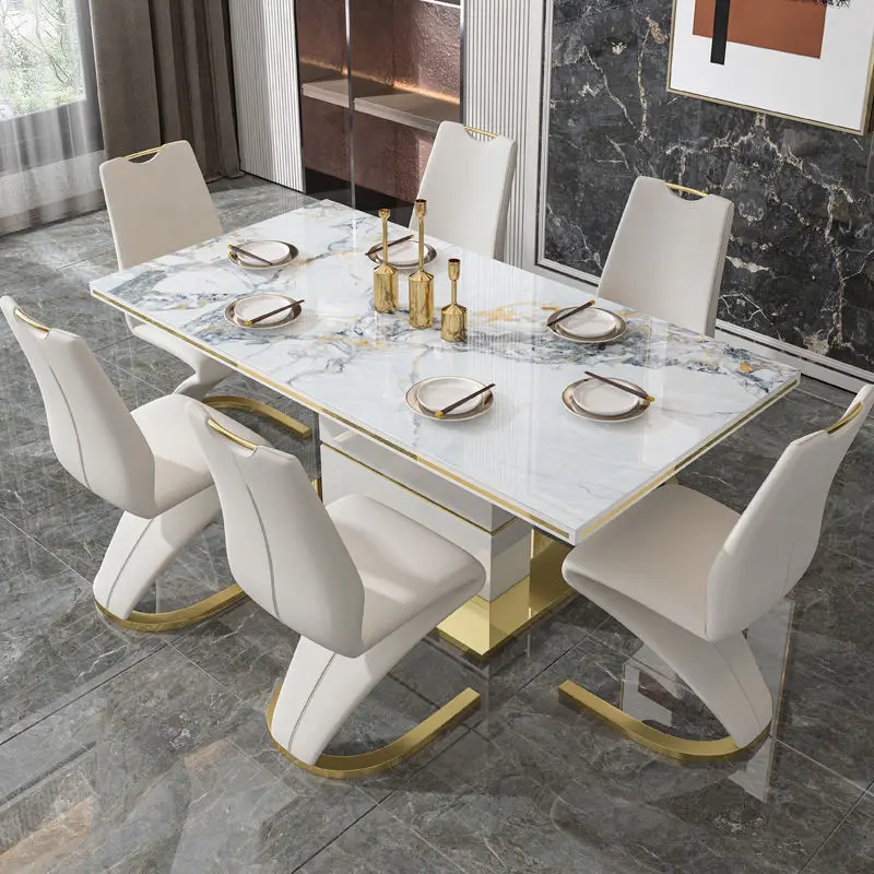HANYEE Modern Dining Table Set with 6 Chairs - Rock Marble Top