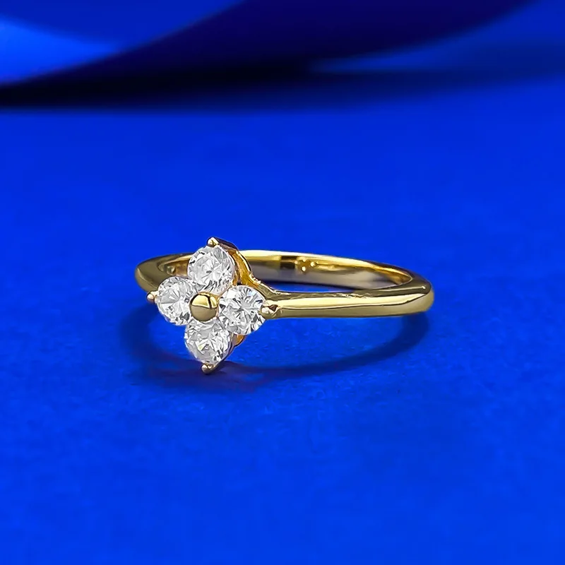 Small Fresh Style S925 Silver Ring Live New Four-leaf Clover with Geometric Lab Diamond Lucky Grass French for Party Gift