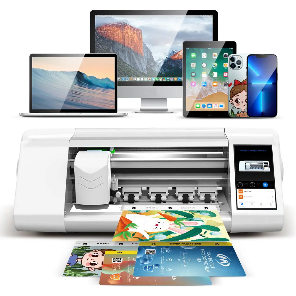Mietubl 180T Pro semi-automatic screen protector cutting machine on a clean workbench with hydrogel film roll and cut samples