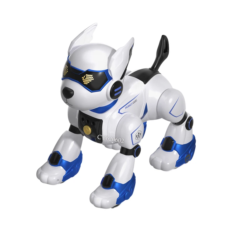 Side-by-side comparison of Poo-Chi (2000) and modern retro-styled robot dog showing similar pose and LED eye layout