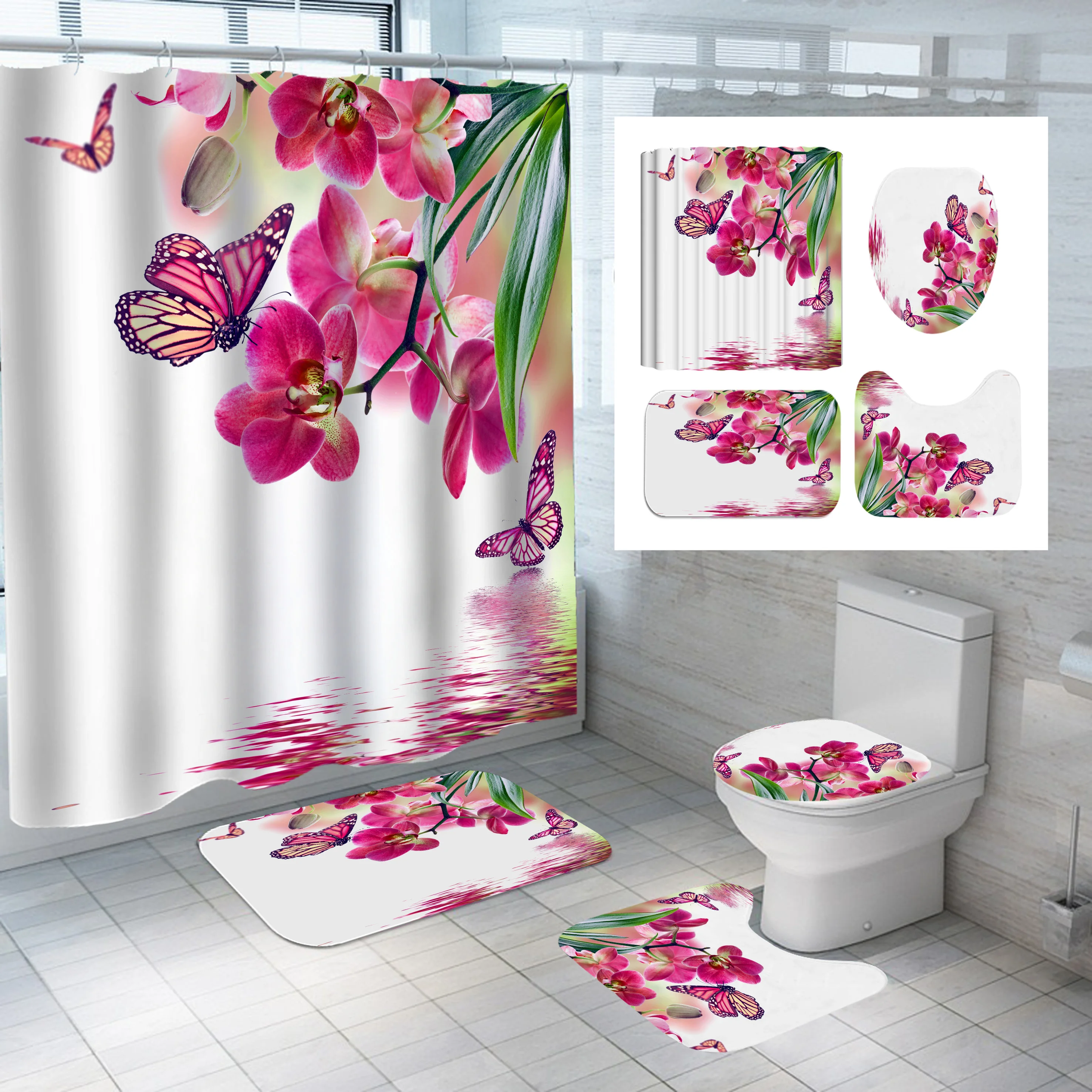 Waterproof Printed Shower Curtain Set Fabric Bathroom Stylish Landscape Bath Mat 