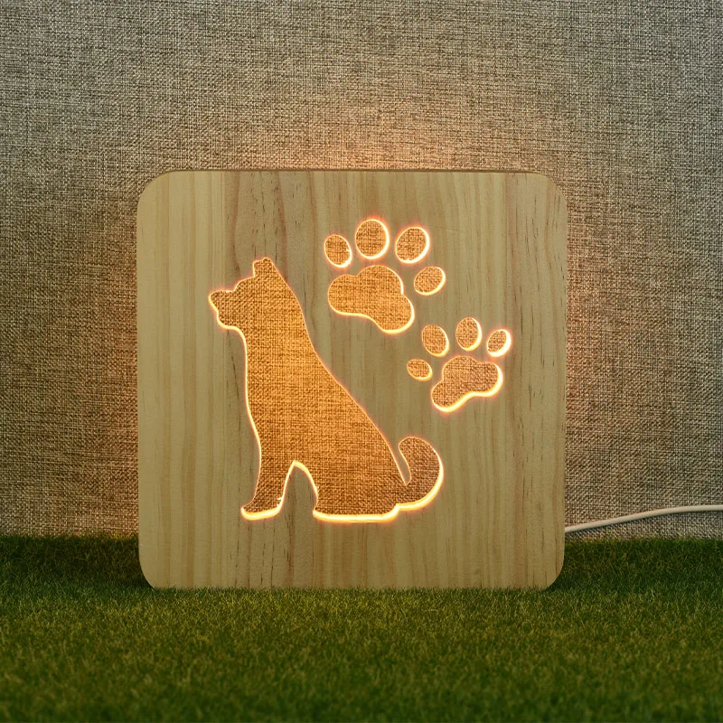 Creative 3D Dog Wooden Night Light Carved Wooden Desk Lamp LED Table Light USB Power Cartoon Nightlight Desk Lamp Bedroom Decor