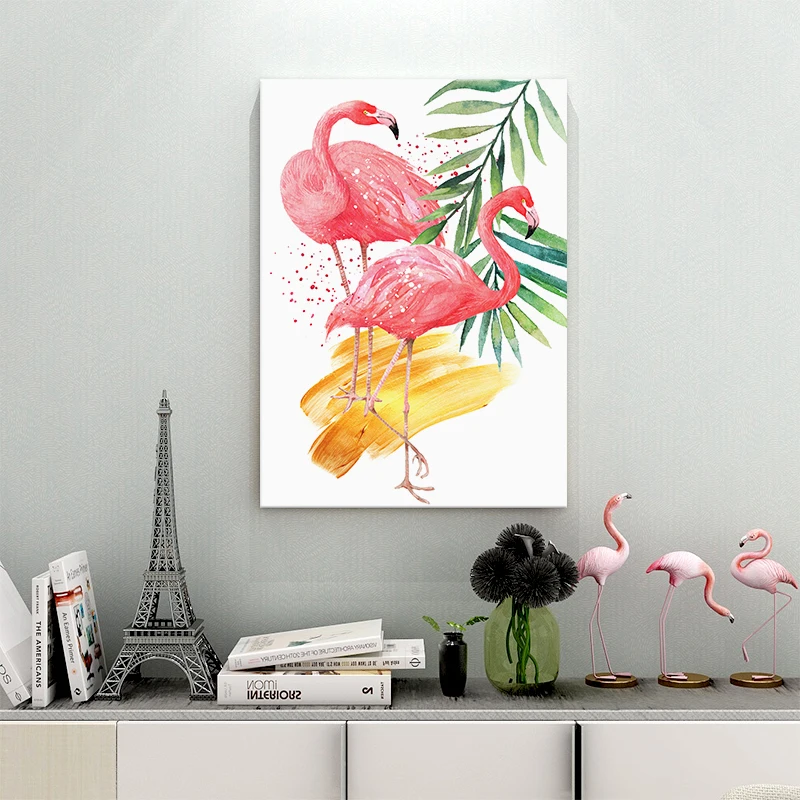 modern animal watercolor flamingo painting canvas printing service and frameless green plant wall art the living room