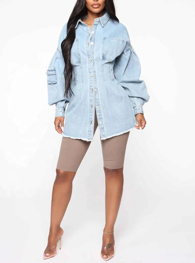 Custom Women Long Puff Sleeve Oversized Denim Jacket Fashion Lantern Sleeve Button Down Jean 