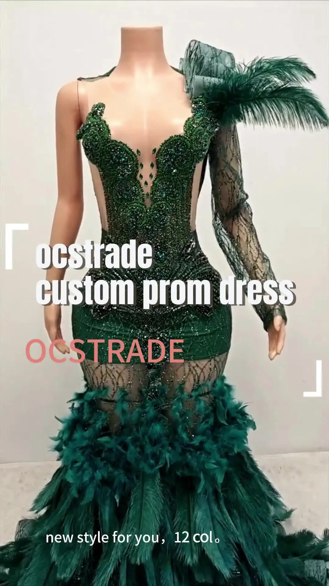 Ocstrade One Sleeve Prom Dresses Green 2026 Long with Diamonds Rhinestone Green Ostrich Feather Evening Gown Dresses Elegant Ocstrade One Sleeve Prom Dresses Green 2026 Long with Diamonds Rhinestone Green Ostrich Feather Evening Gown Dresses Elegant