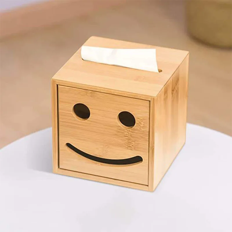 100 Bamboo Smiley Face Tissue Box Paper Roll Paper Storage Wooden Box