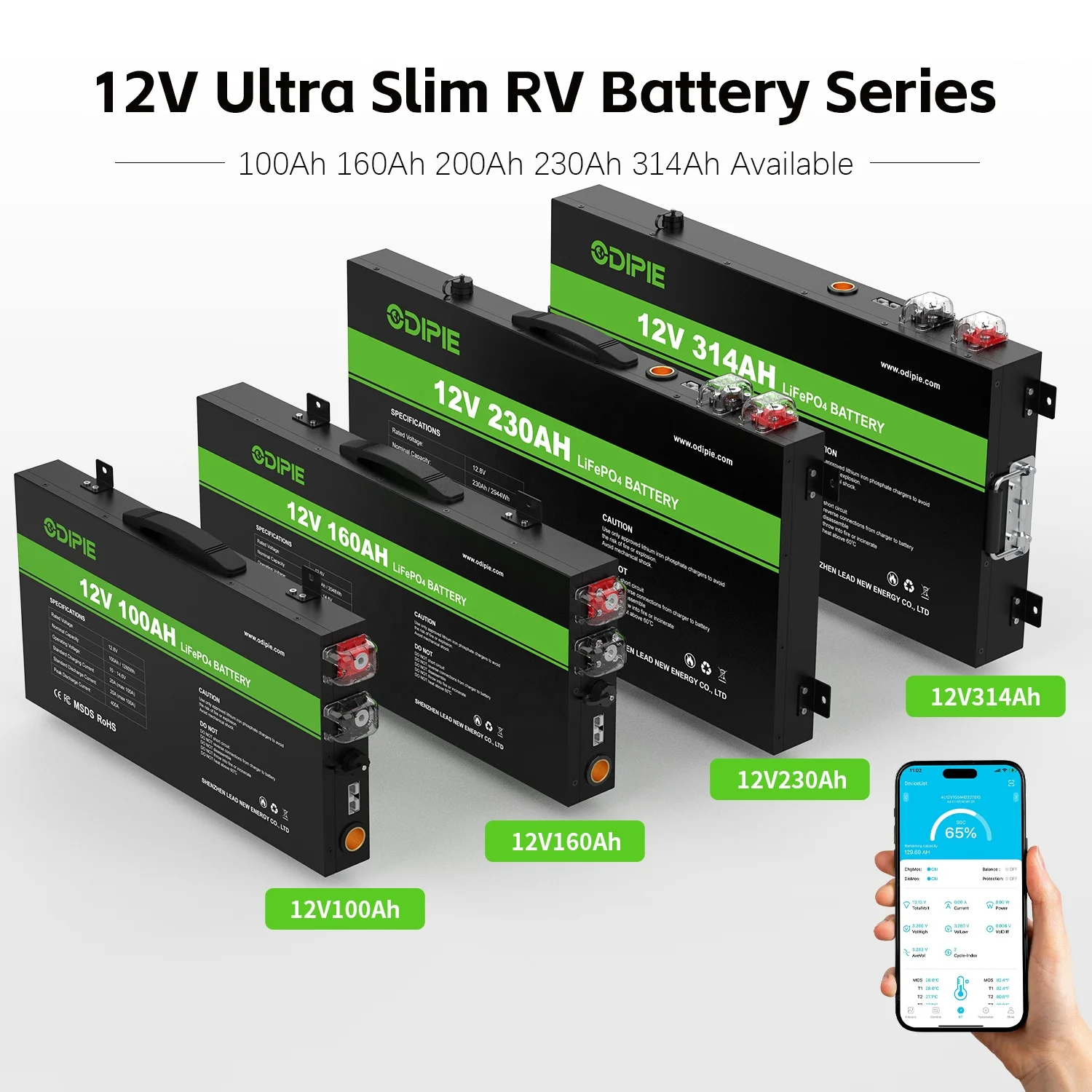100Ah LiFePO4 battery mounted in RV battery compartment with wiring terminals visible