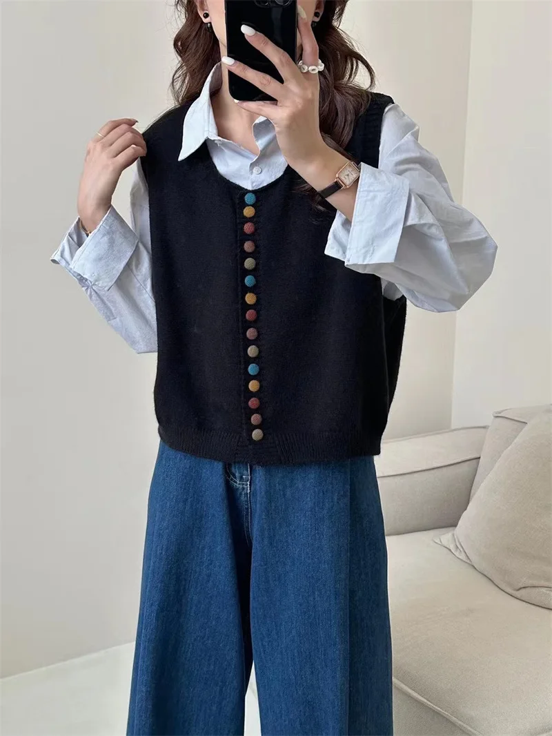 Colorful Button Knitted Casual Eco-Friendly Vest for Women Artistic Retro Soft Neck Layered Cardigan Outerwear