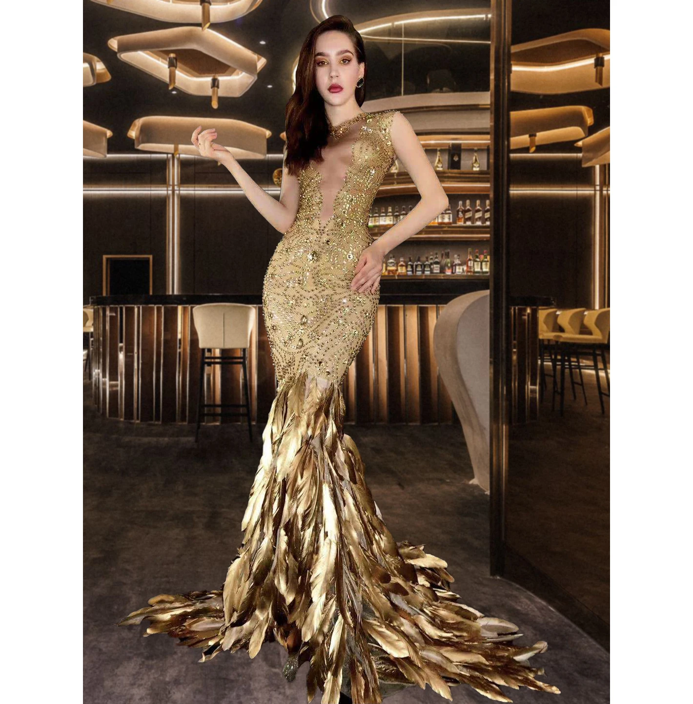 Women Singer Stage Show Gold Feather Dresses - Elegant Prom Wear Women Singer Stage Show Gold Feather Dresses - Elegant Prom Wear