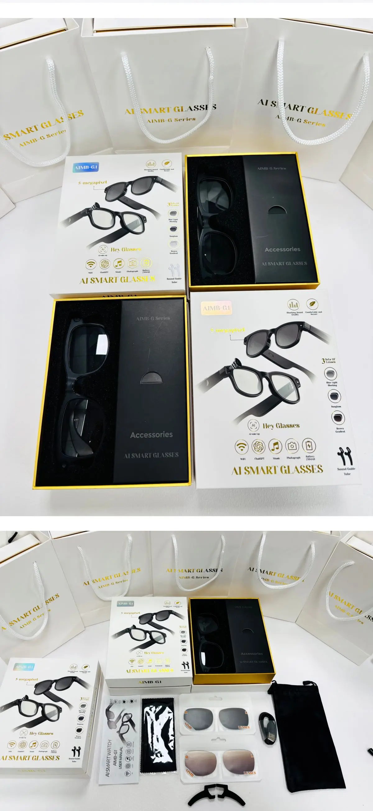 Aimb-G1智能眼镜跨境流行防蓝光镜头蓝牙通话AI语音助手照片智能穿戴