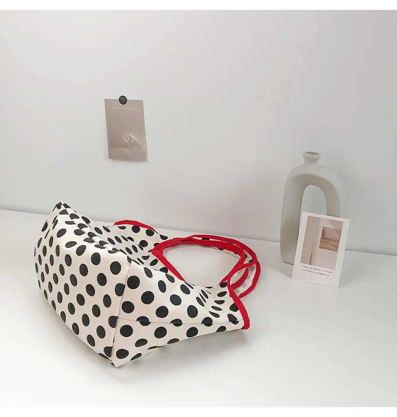 2024 Japanese Style Canvas Shopping Bag Fashionable Dot Casual Shoulder Handbag Outdoor Canvas Shopping Bag