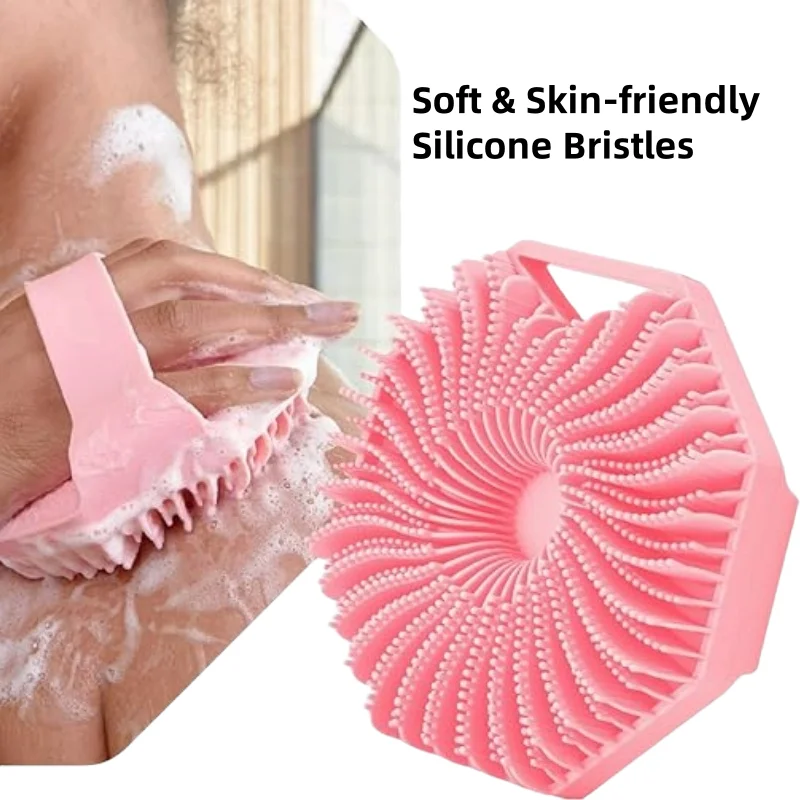 Upgrade Multifunction Hexagon Silicone Exfoliating Body Scrubber Wet & Dry Bathing Brush with Handle Strap & Loop for Showering factory