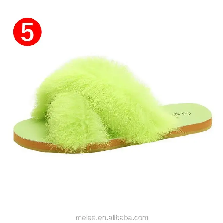Nuevo Invierno De La Felpa Zapatillas De Las Mujeres Cruz Banda De Piel  Sandalias De Las Señoras De Color Mezclado Peludo Casa Deslizadores Zapatos  De Mujer Zapatos De Piel Flip Flops -