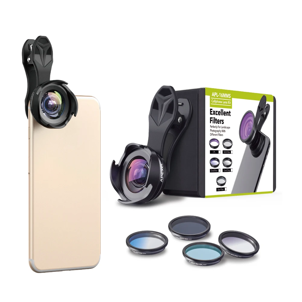 APEXEL phone camera lens filter kit wide angle/macro lens with Grad blue Grad gray ND CPL filterfor android ios smartphone
