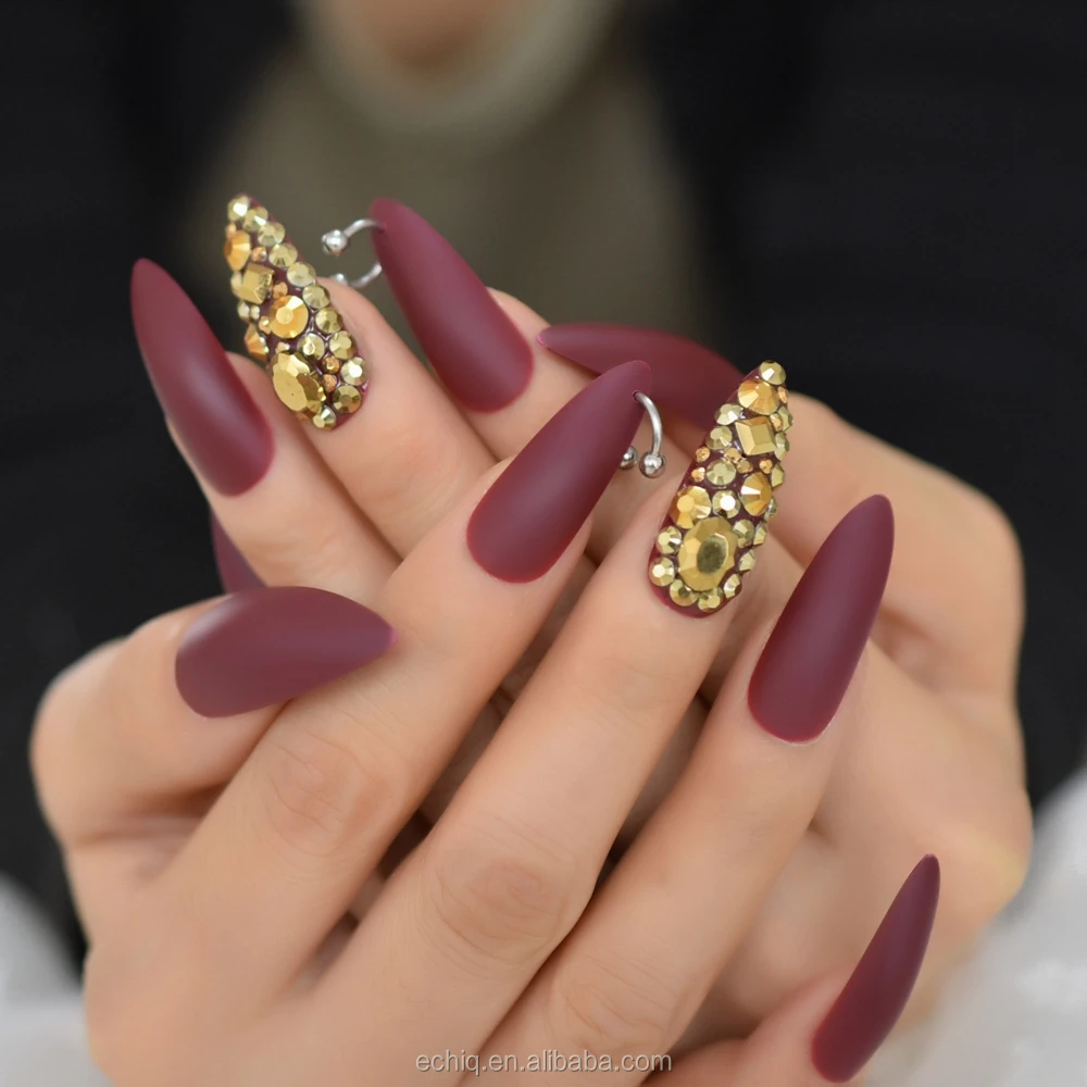 Burgundy Matte Fake Nails Long Stiletto Designer Luxury Nail Horseshoe Ring  Rivet Designed Gold Rhinestones Artificial Nails - Buy Decorative  Fingernails,Press On Nails Cutomize,Artificial Nail Product on Alibaba.com