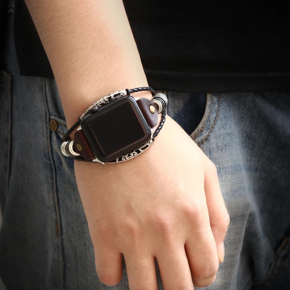 时尚不锈钢手表链真皮 iwatch 苹果手表手链与珠子和合金配件