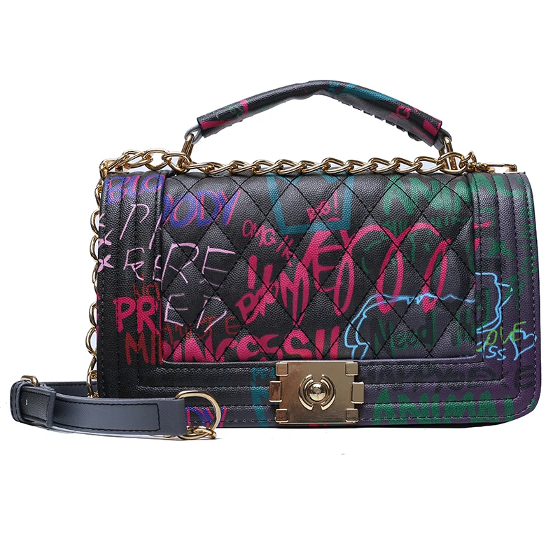 

New designer Graffiti handbags for Women fashion PU leather crossbody bag Ladies chain Purses, 3 colors