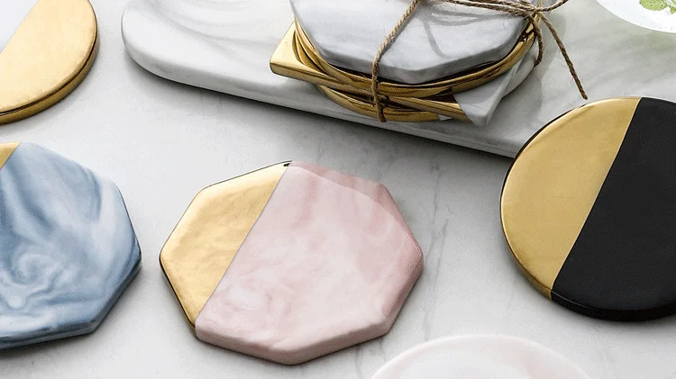 Marble Coaster Blue Pink Tea Wine Gold Round Hexagon Beer Set Cup 