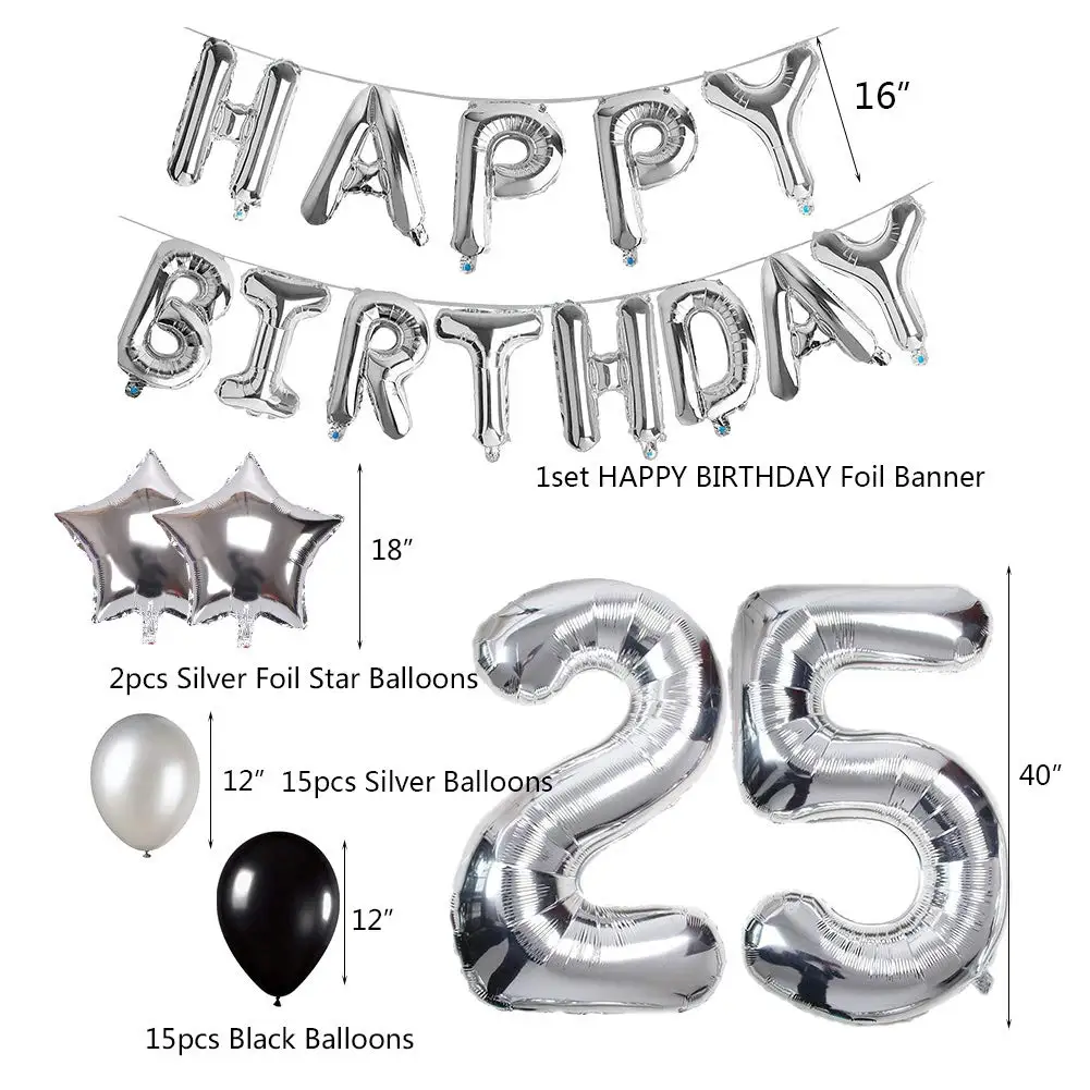 25th Happy Birthday Balloon Set 25 Foil Mylar Balloons With Confetti