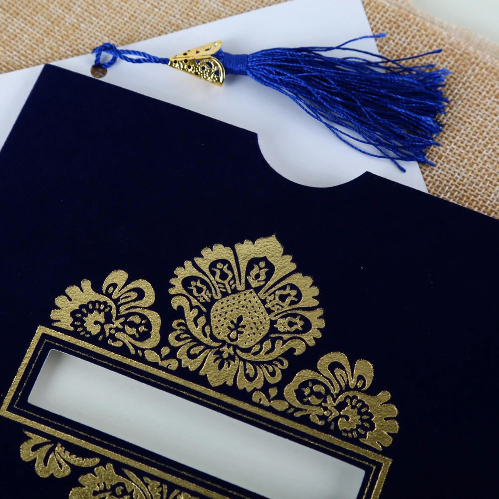 Online Wholesale Cheap Hindu Navy Blue Velvet Pocket Wedding Invitations