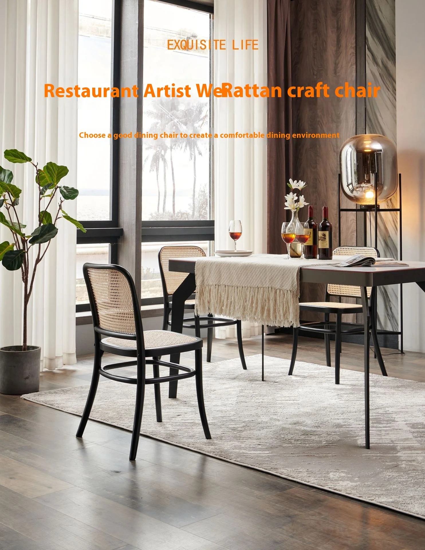 Modern Nordic Solid Wood and Real Rattan Dining Arm Chair for Home Hotel and Villa for Dining Room Furniture