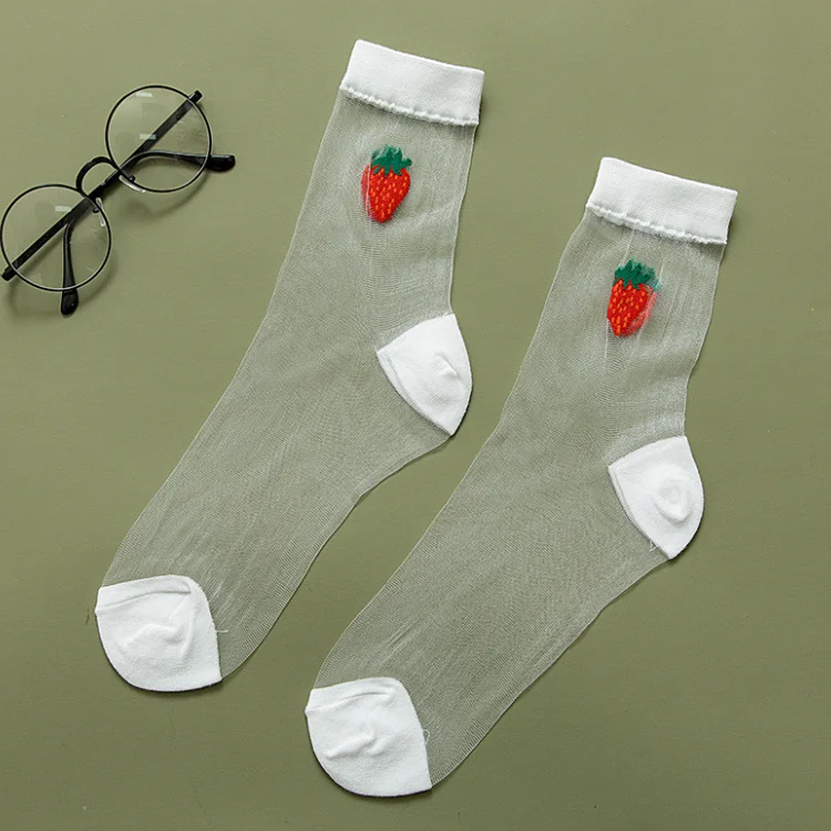 超薄袜子性感蕾丝玻璃袜子水果牛油果柠檬草莓日系可爱女透明透气短袜