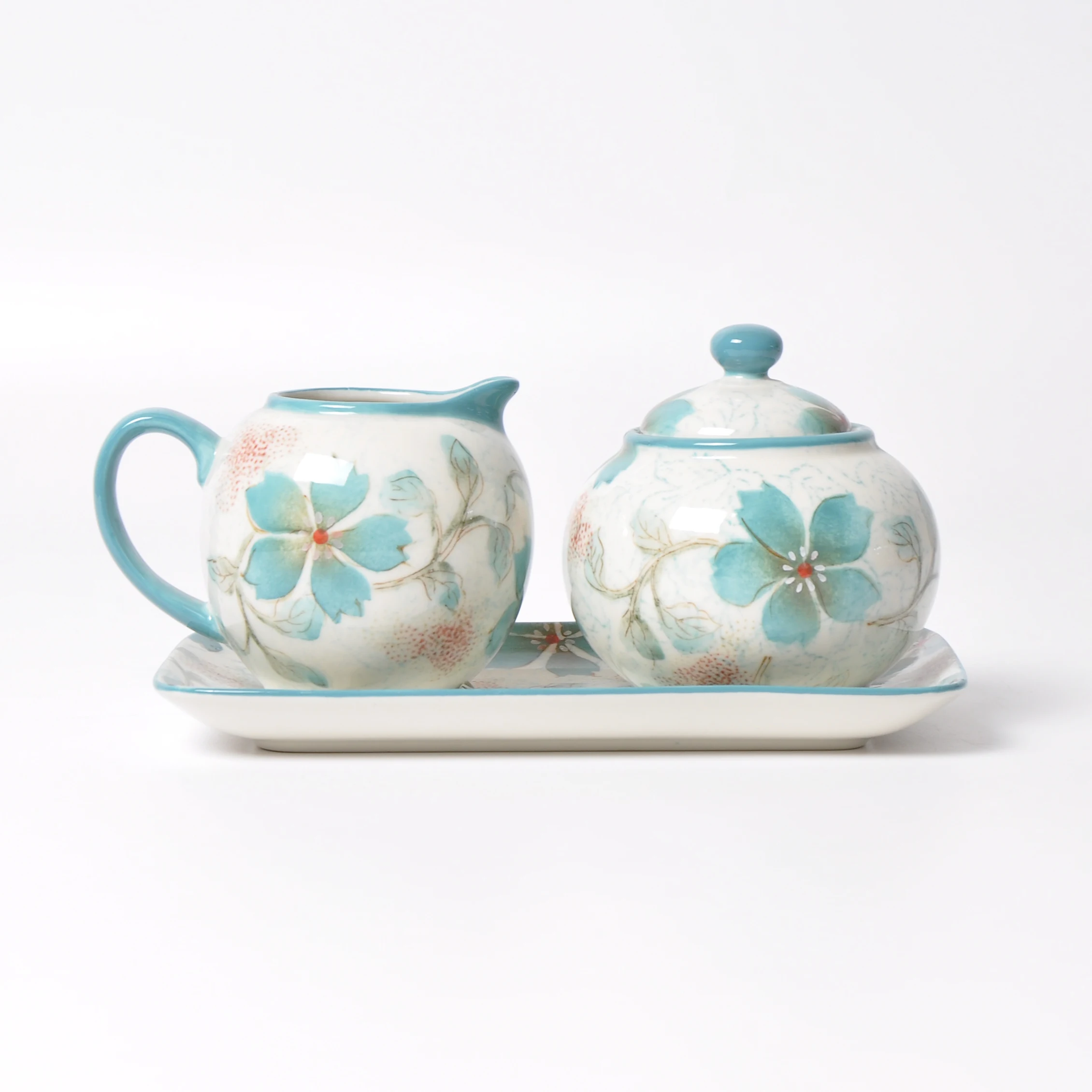 
Hot Selling Glossy Hand Painted Large Capacity Ceramic Cream Sugar Canister Set With Saucer For Restaurant Kitchenware 