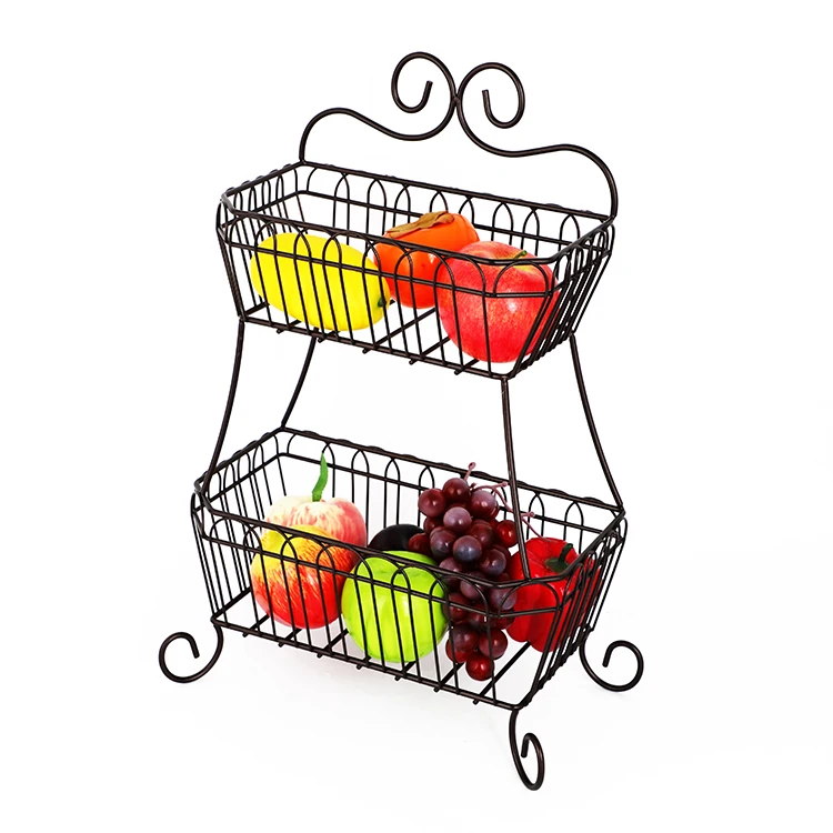 Amazon Best Sale 2tier Fruit Basket Bowl Kitchen Organization Black Metal Iron Wire Fruit
