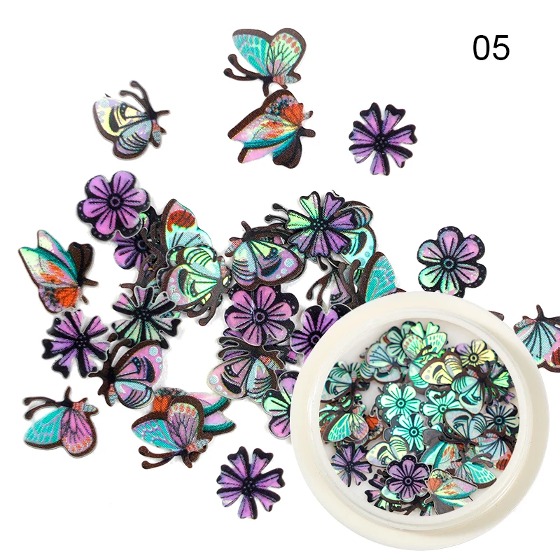 

New DIY 3D butterfly nail decoration laser discoloration leaves, flowers nail wood pulp, Colorful