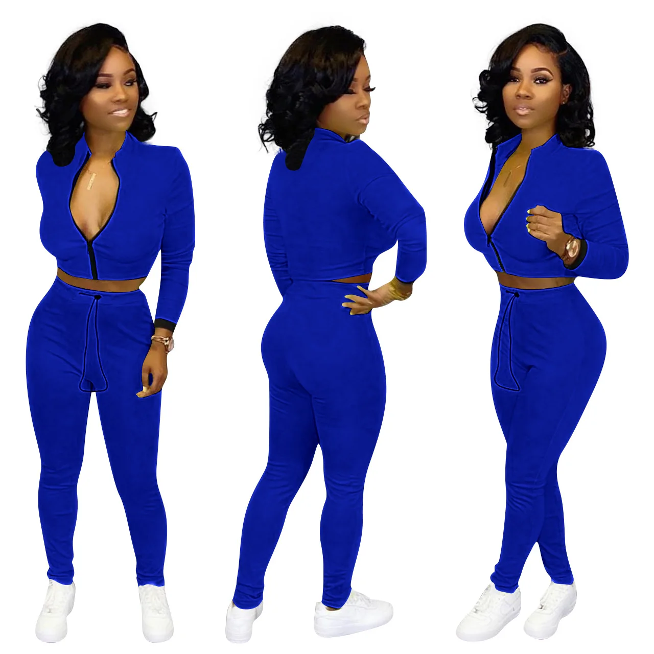 2020 Women Fall Zipper Crop Top Sweat Suit Solid Skinny Pants Two Piece ...