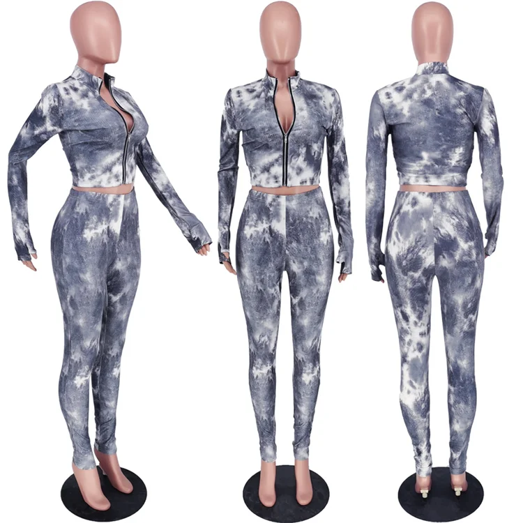 Wholesale Lady Outfit Long Sleeve Zipper Tie Dye Tight Sexy Plus Size Autumn Women 2 Piece Set