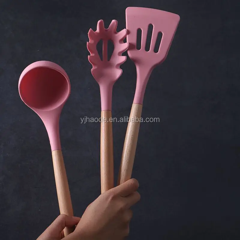 Low Moq Non Toxic Turner Tongs Spatula Spoon Wooden Handles Silicone