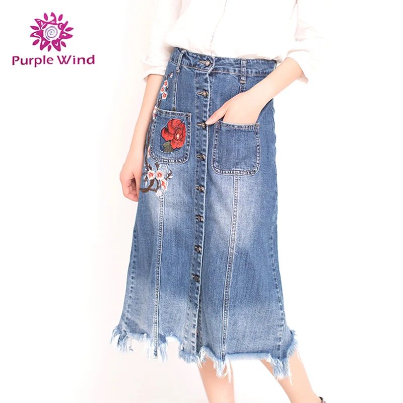 Customize Designs Cotton Girls Embroidery Wash Denim Long Jean Womens Skirts