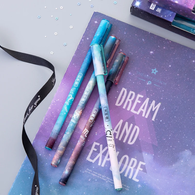 12 Colors Galaxy Starry Sky Design Gel Pens,Black Ink Roller Ball Pen