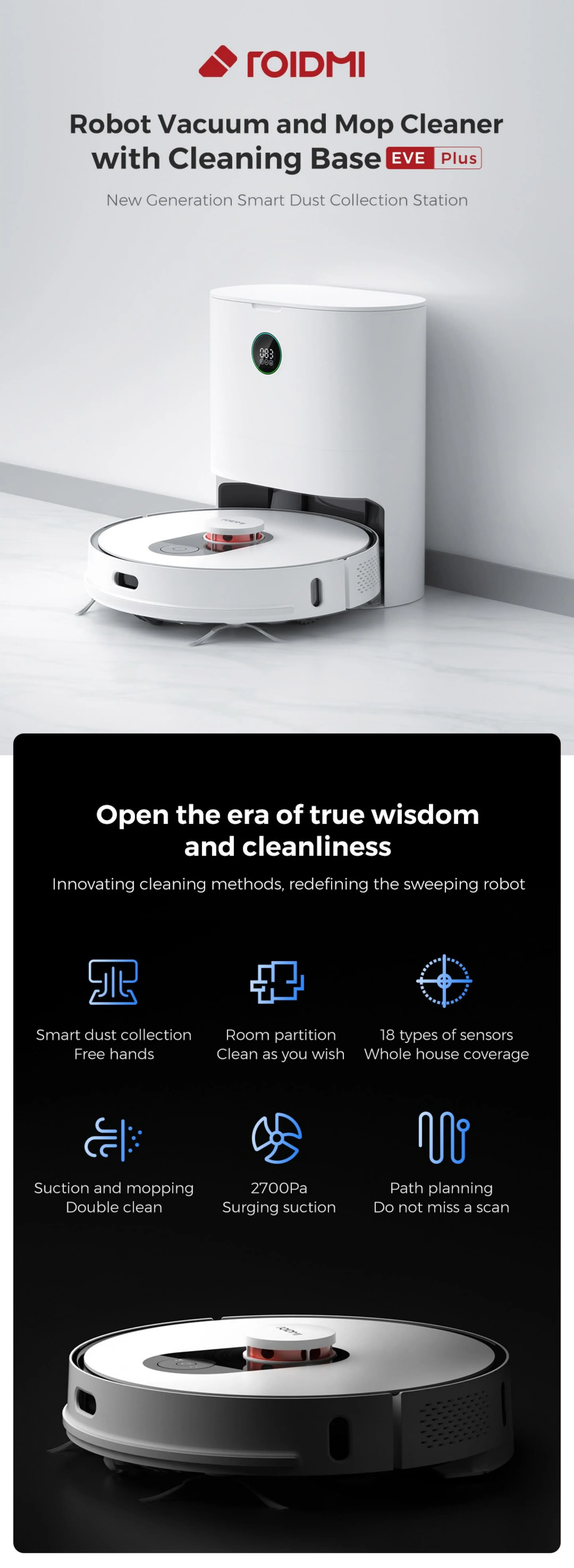 XiaomiRoidmi EVE Plus Robot Vacuum Large Dustbin With Dust Collection System Google Assistant Supports Intelligent