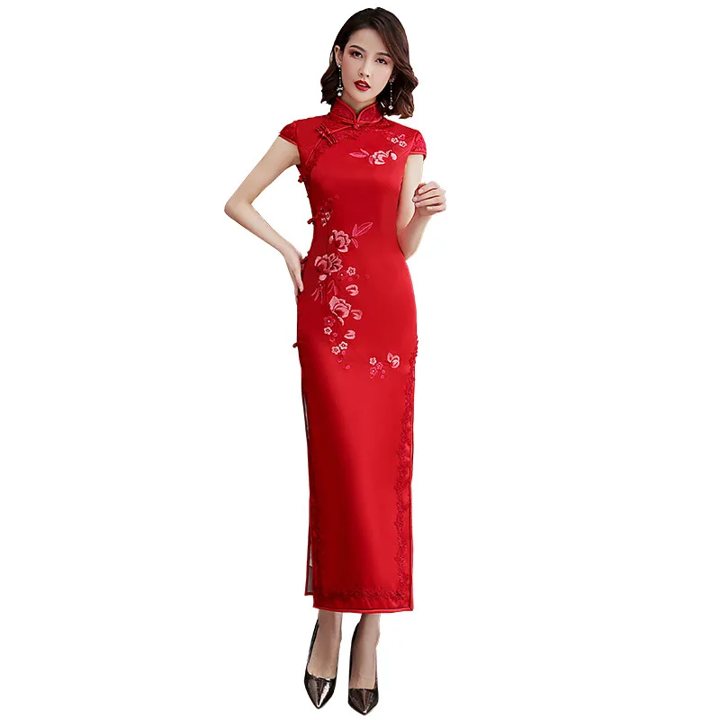 
Wholesale Short Sleeve Silk Long Qipao Plus Size Cheongsam 