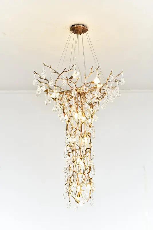 MEEROSEE Modern Hotel Large Tree Branch Chandelier Brass Hanging Light Fixture Crystal Long Chandelier for High Ceiling MD87001