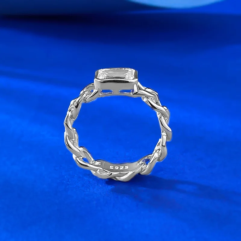 S925 Silver White Gold 5*7 Rectangular Lab Diamond Cuban Ring Live Cross-Border Chain Trendy Weddings Engagements