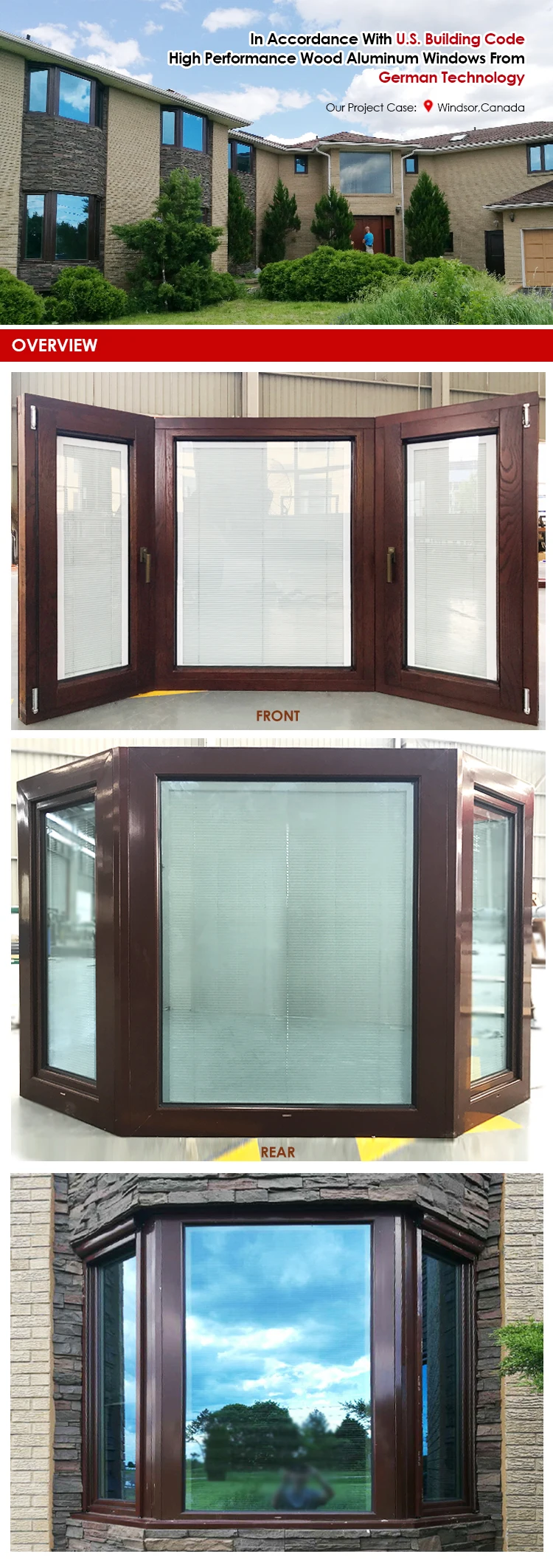 Custom Size Impact-resistant Commercial Storefront double glass aluminium bay sale picture wooden fixed windows
