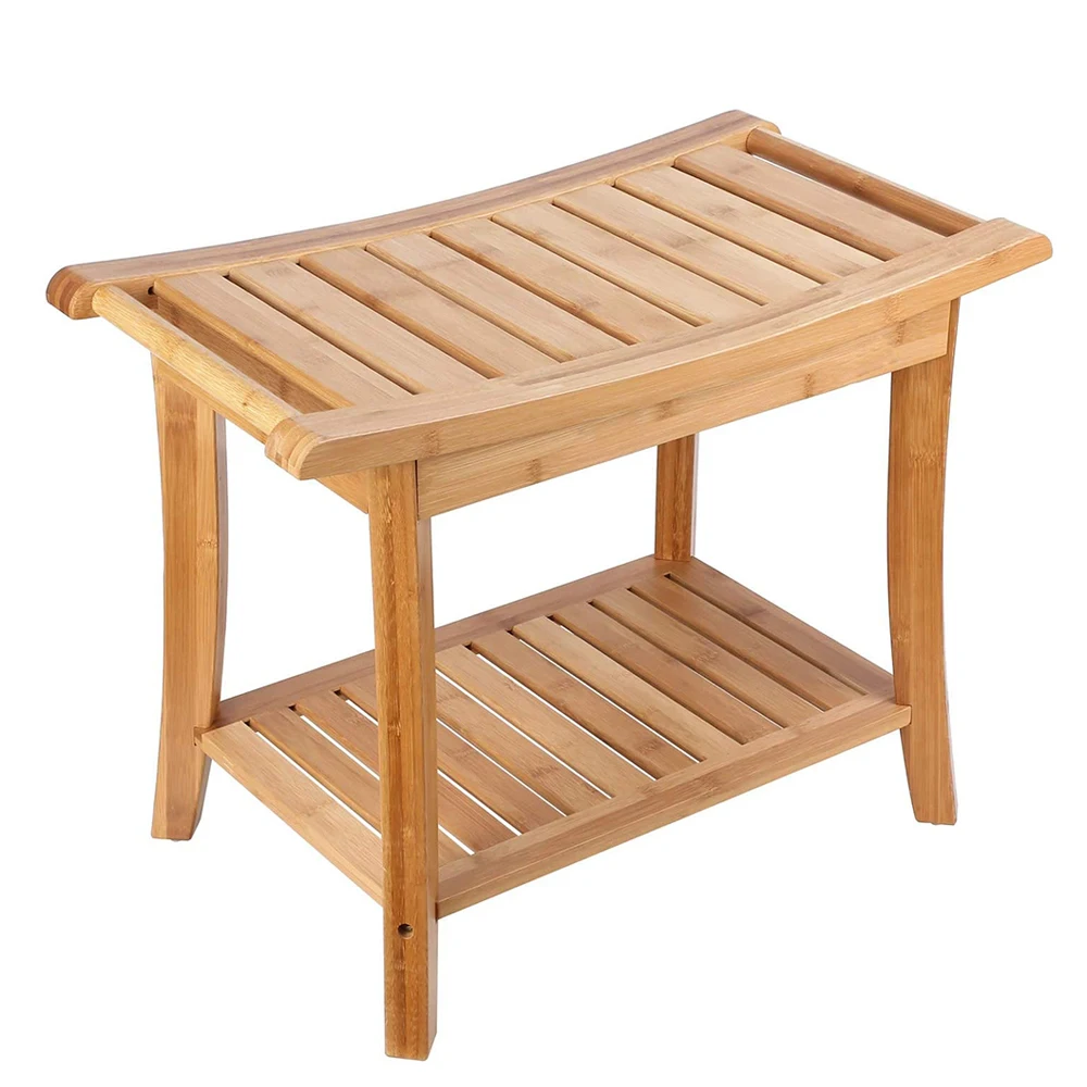 spa chair Long outdoor Teak shower seat bench with shelf Wooden bathroom stool 