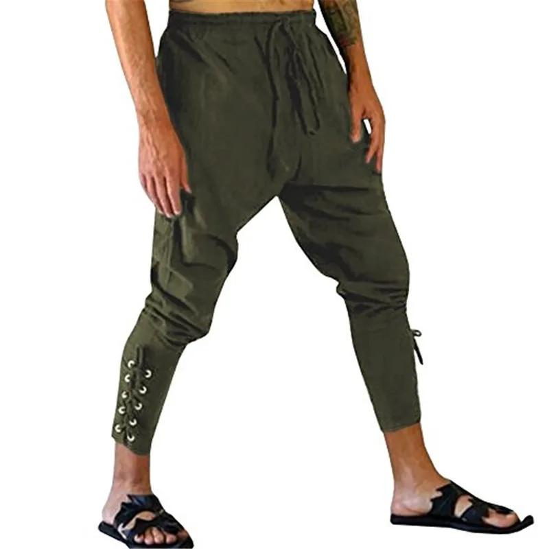 Men Medieval Renaissance Trousers Tapered Pants Pirate Costume Ankle Banded Soft 