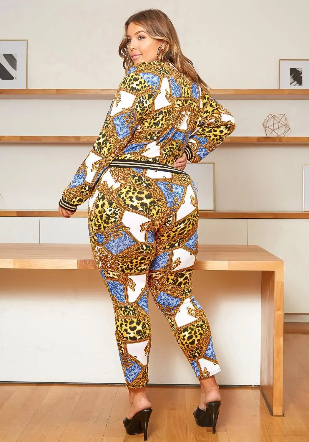 Casual Leopard Print Falling Suit Plus Size Women Clothing Two Piece