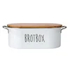 White power coated metal bread box with wood lid