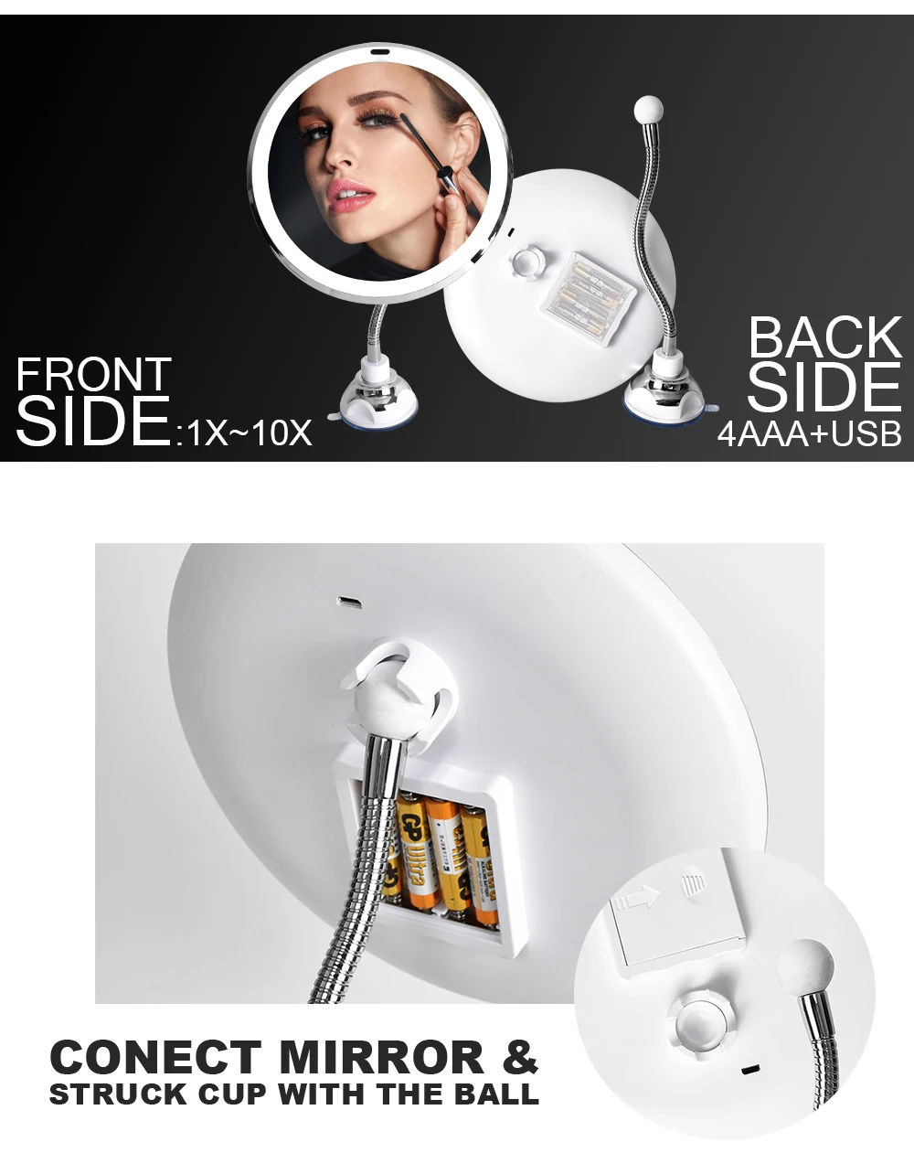 Plastic Gooseneck Lighted Shaving Mirror Stick On Wall Mount Movable